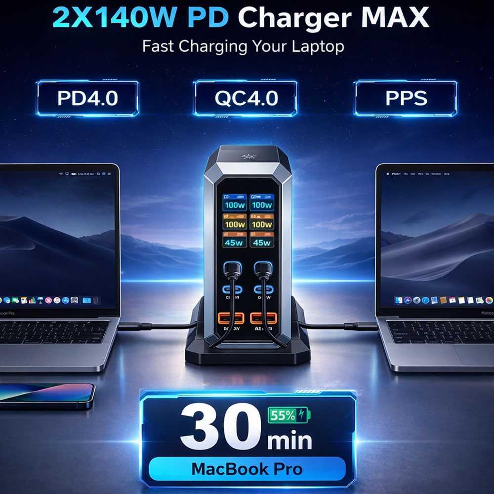 Taffware Charger Station GaN 240W Fast Charging 6 Port, LED Display