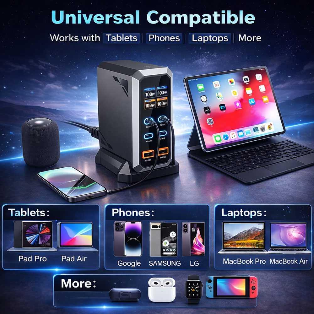 Taffware Charger Station GaN 240W Fast Charging 6 Port, LED Display