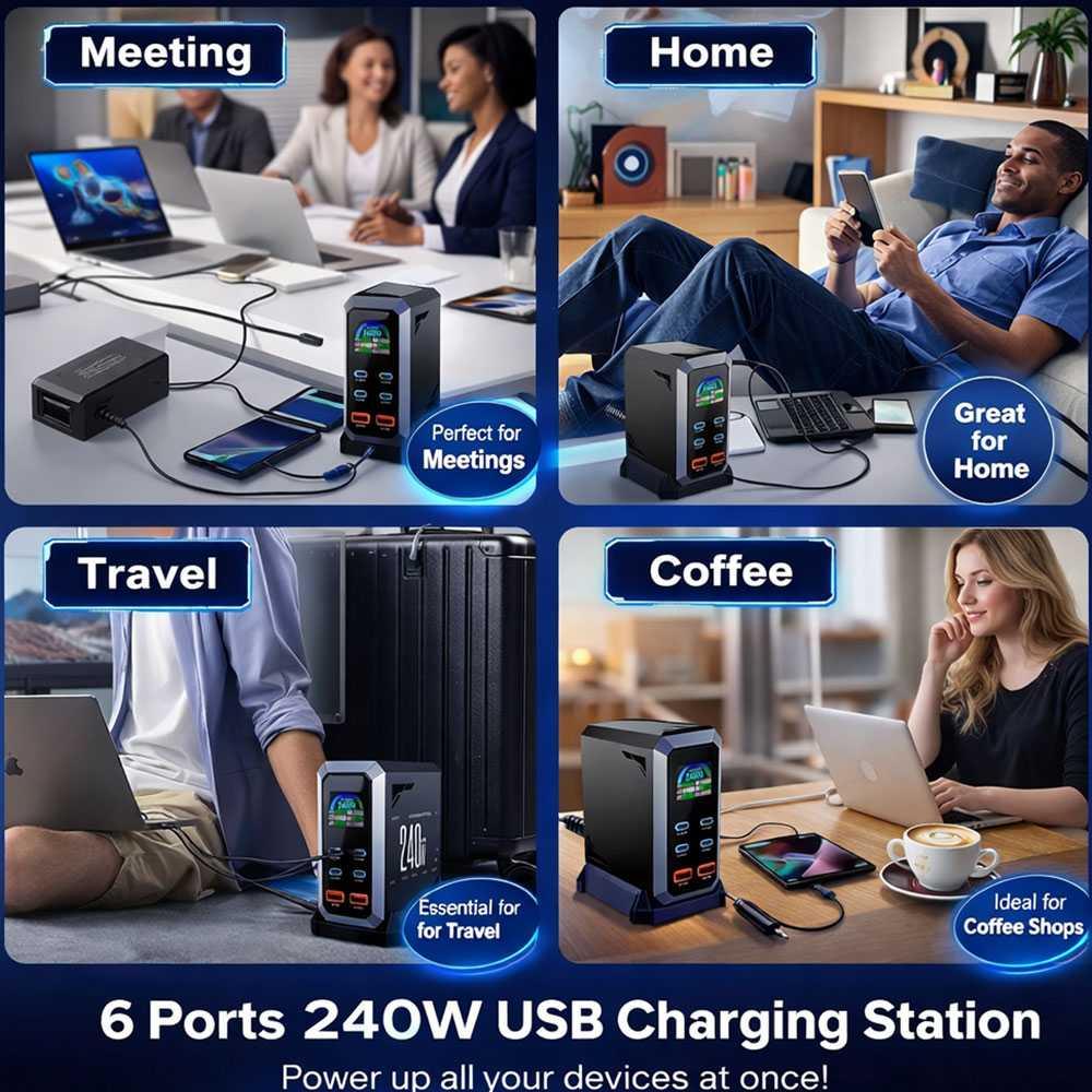 Taffware Charger Station GaN 240W Fast Charging 6 Port, LED Display