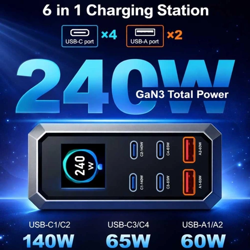 Taffware Charger Station GaN 240W Fast Charging 6 Port, LED Display