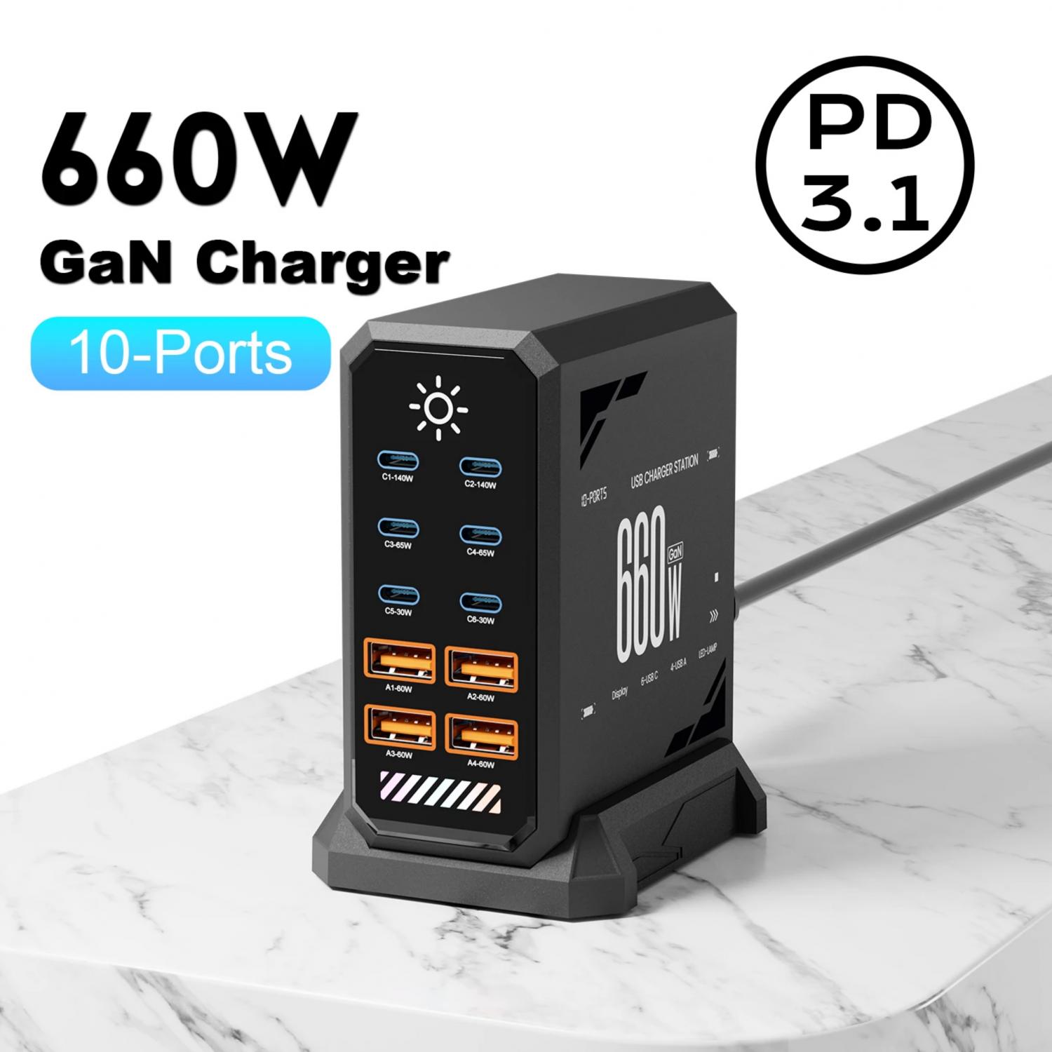 Taffware Charger Station Fast Charge Touch USB Type C GaN 10Port 660W HW18