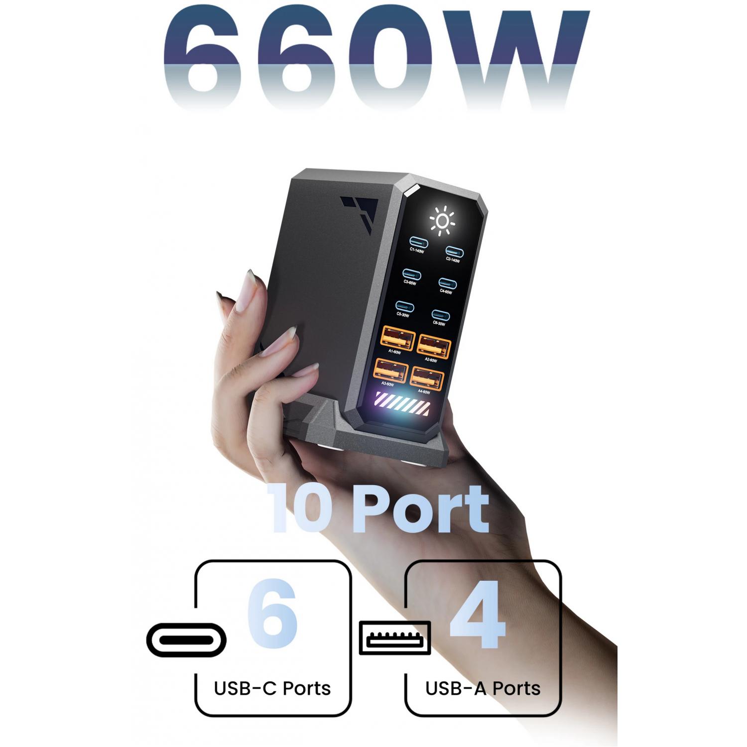 Taffware Charger Station Fast Charge Touch USB Type C GaN 10Port 660W HW18