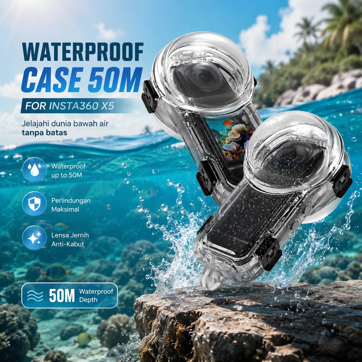 YAZE Underwater Waterproof Case Diving Invisible 50M for Insta360 X5 - Shell Kamera Tahan Air 50M, Lensa Ultra-Jelas, PC Anti