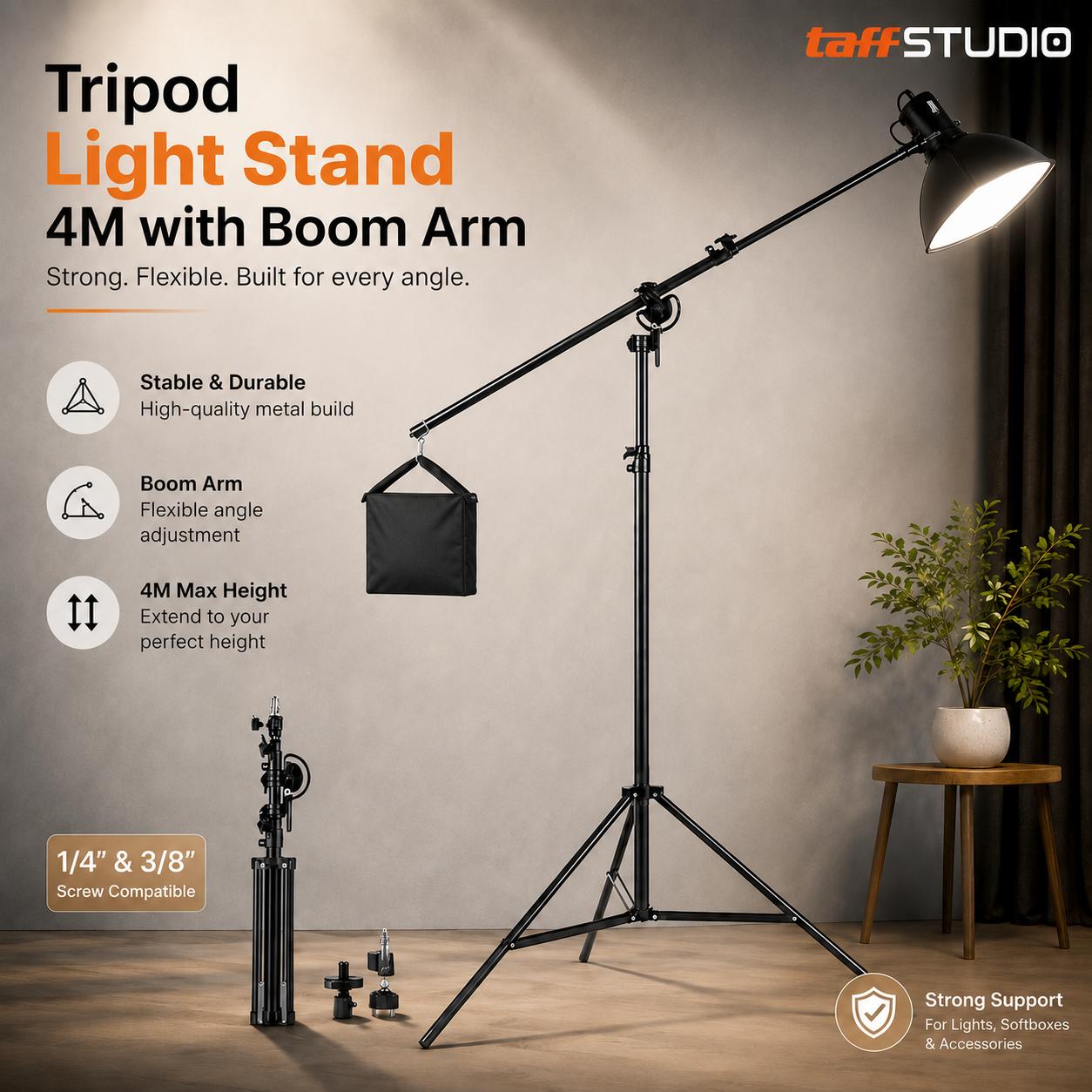 TaffSTUDIO Tripod Light Stand Studio Photography - Pencahayaan Fleksibel, Efek Dramatis, Kestabilan Maksimal