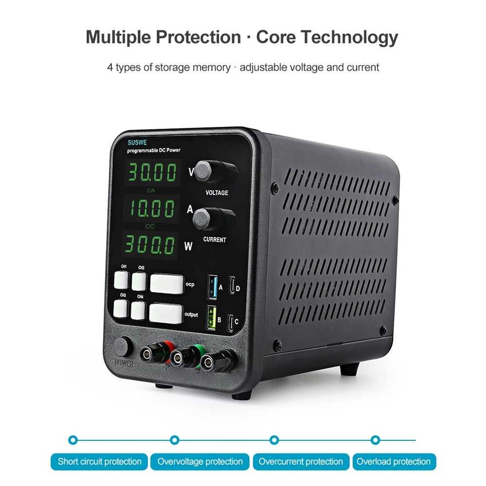 SUSWE Adjustable Power Supply DC Digital Stabilized 10A 30V - Penyesuaian Tegangan dan Arus, Perlindungan Canggih