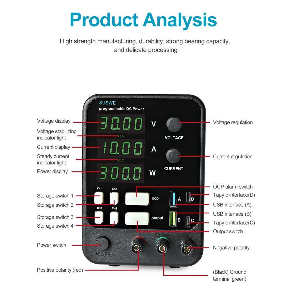 SUSWE Adjustable Power Supply DC Digital Stabilized 10A 30V - Penyesuaian Tegangan dan Arus, Perlindungan Canggih