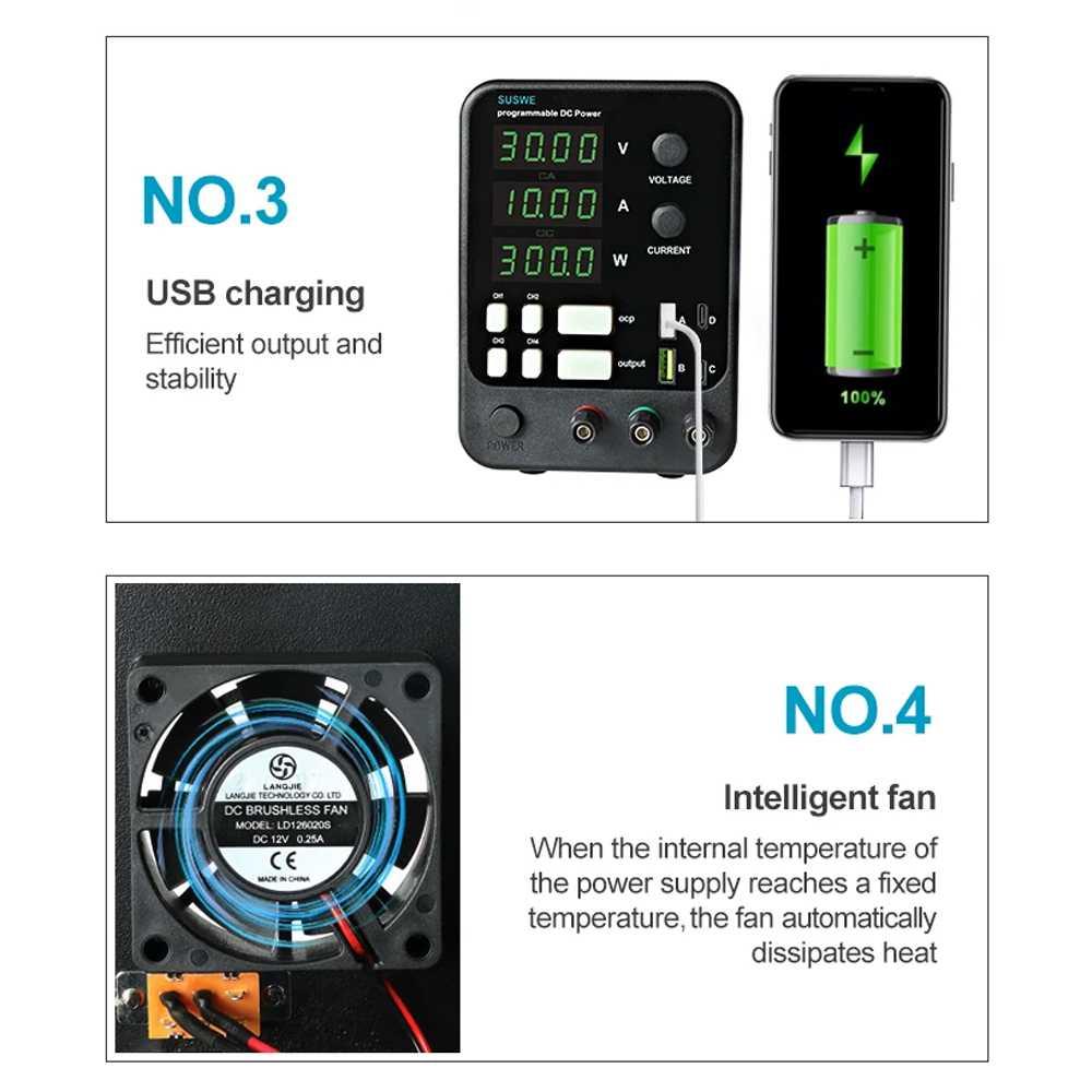 SUSWE Adjustable Power Supply DC Digital Stabilized 10A 30V - Penyesuaian Tegangan dan Arus, Perlindungan Canggih