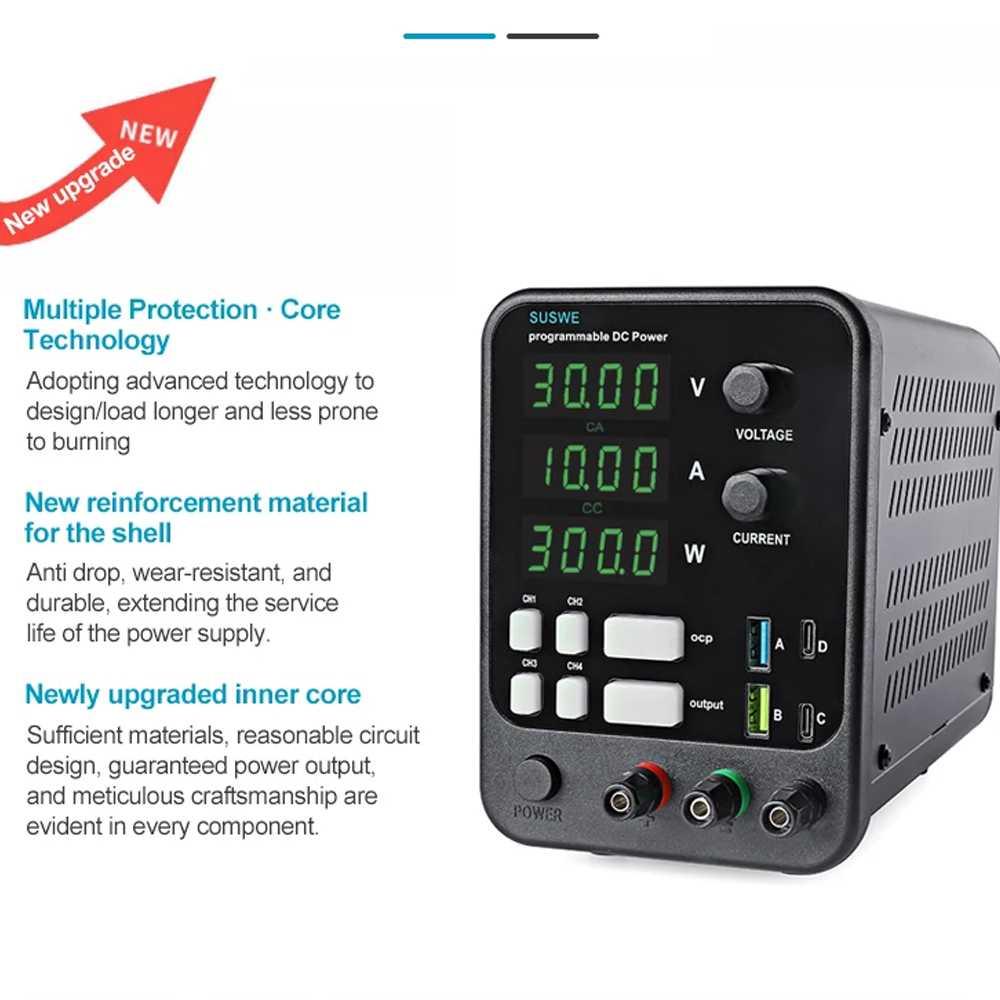 SUSWE Adjustable Power Supply DC Digital Stabilized 10A 30V - Penyesuaian Tegangan dan Arus, Perlindungan Canggih