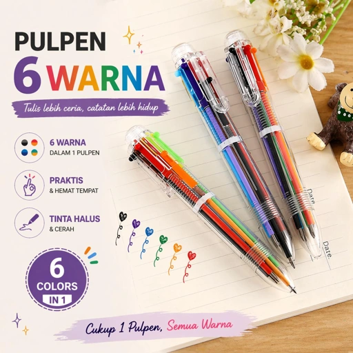 Bolpoin Pulpen 6 Warna Multicolor - Praktis untuk Sketsa dan Catatan, Ringan dan Efisien