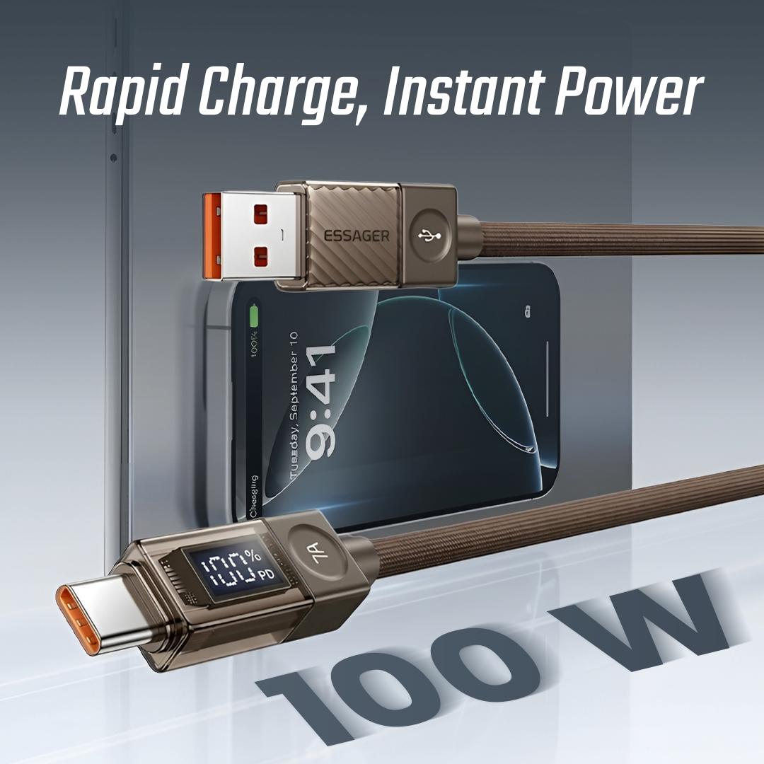 ESSAGER Kabel Data USB Type C Fast Charging LED Display - Pengisian Cepat 100W, Transfer Cepat 480 Mbps, Kompatibel dengan