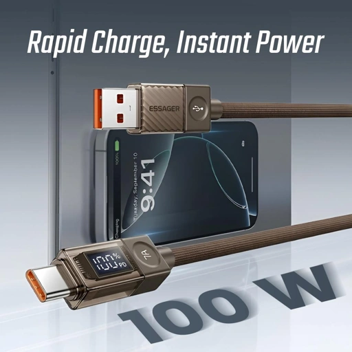 ESSAGER Kabel Data USB Type C Fast Charging LED Display - Pengisian Cepat 100W, Transfer Cepat 480 Mbps, Kompatibel dengan