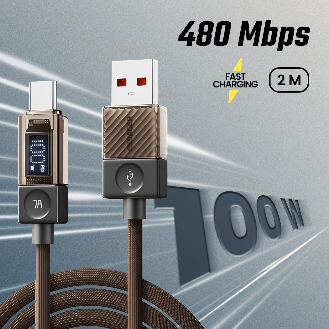 ESSAGER Kabel Data USB Type C Fast Charging LED Display - Pengisian Cepat 100W, Transfer Cepat 480 Mbps, Kompatibel dengan