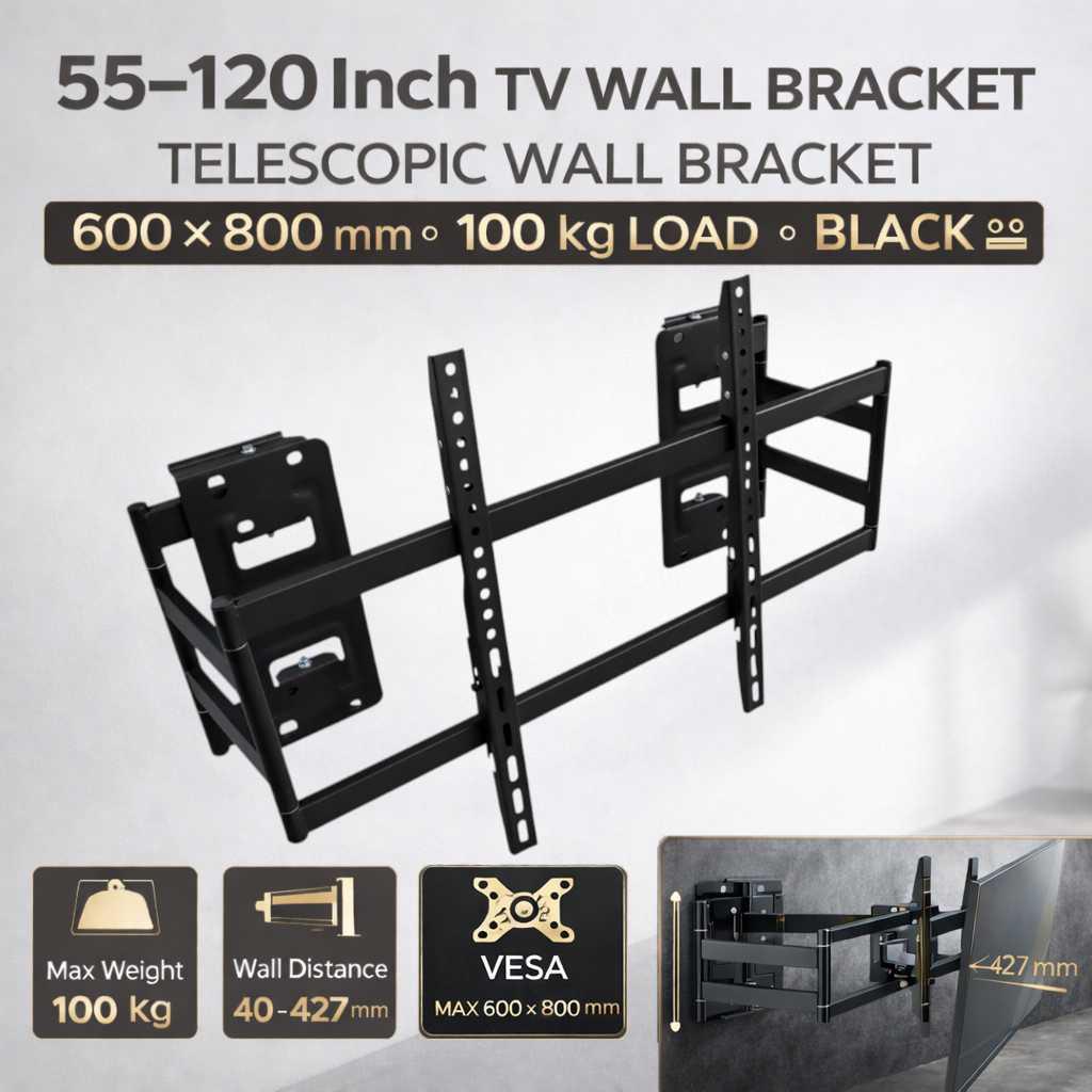 SH Bracket TV Dinding Telescopic VESA 600x800mm 55-120 Inch Fleksibel dan Kuat, Solusi Pemasangan TV Besar, Minimalis