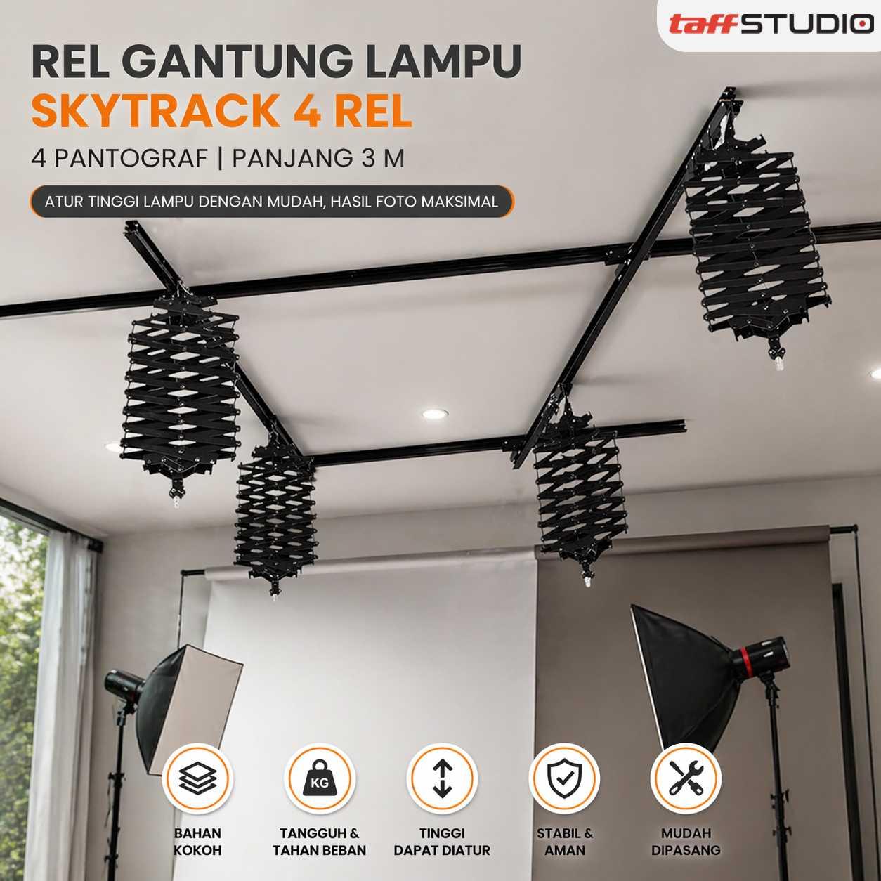 TaffSTUDIO Lampu Gantung Studio Skytrack 4 Rel 4 Pantograf 3M Pencahayaan Profesional, Efisien, dan Aman, Desain Studio