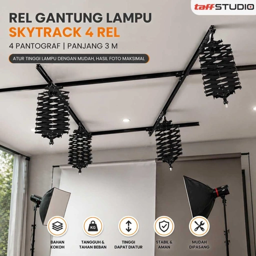 TaffSTUDIO Lampu Gantung Studio Skytrack 4 Rel 4 Pantograf 3M Pencahayaan Profesional, Efisien, dan Aman, Desain Studio