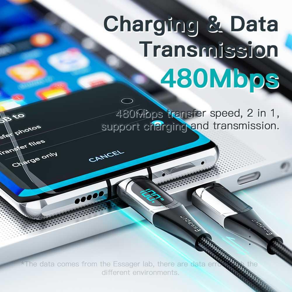 ESSAGER Kabel Data Type C to Type C Fast Charging LED 5A 100W ES-X15, Kecepatan dan Keandalan Charging Premium