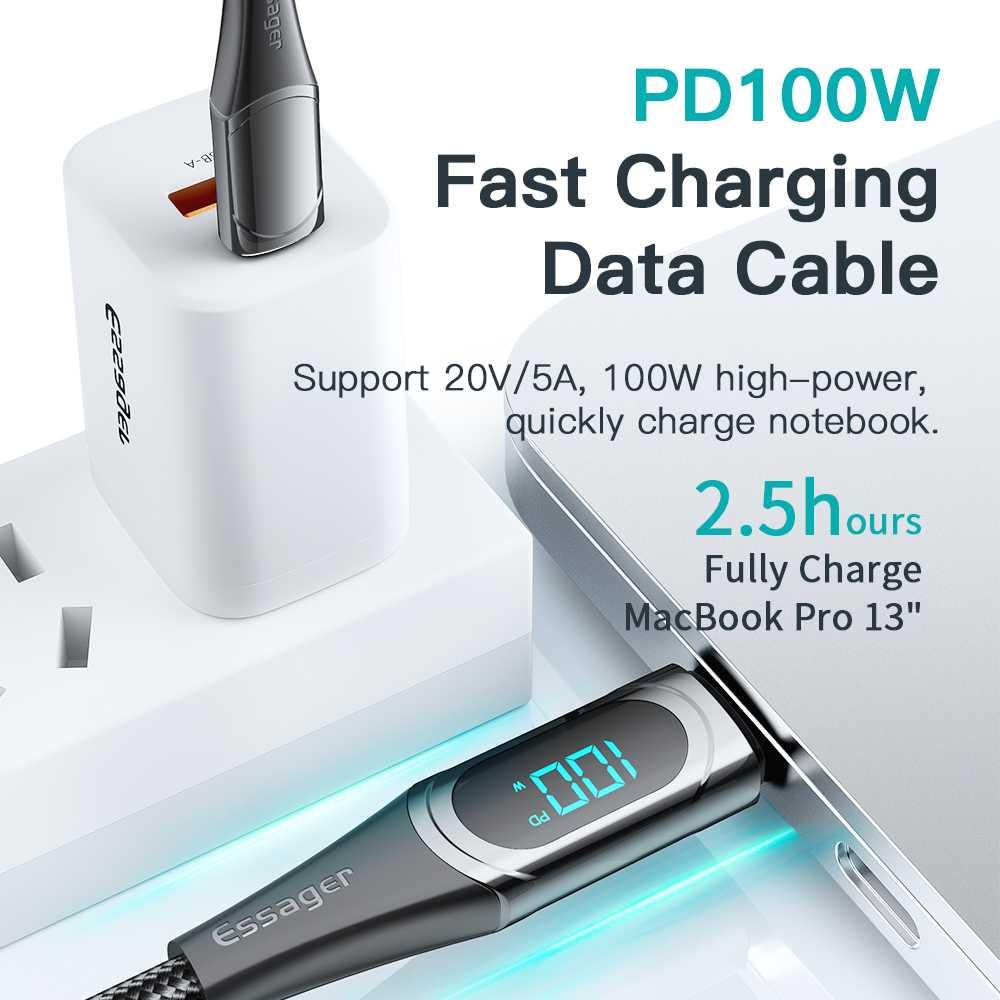 ESSAGER Kabel Data Type C to Type C Fast Charging LED 5A 100W ES-X15, Kecepatan dan Keandalan Charging Premium