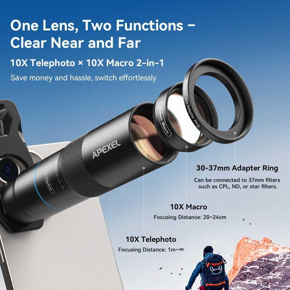 APEXEL Lensa Tele Macro Smartphone 10X Clip On Foto Tajam, Detail Jauh dan Dekat