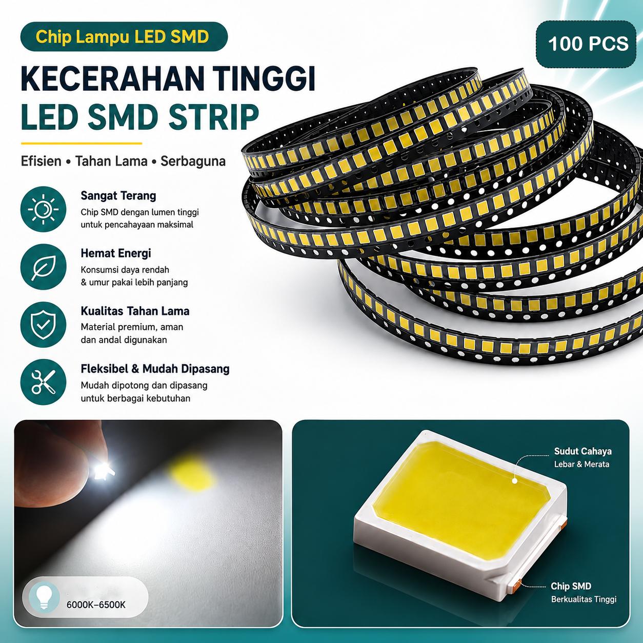 Ovicart Chip LED SMD Lampu COB Driver Free 3V 0.2W 60mA Cool White Hemat Biaya, Terang Fokus