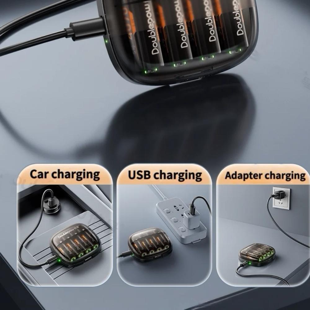 Doublepow Charger Baterai 4 Slot AA Li-Ion Pengisian Cepat, Deteksi Otomatis, Desain Portabel