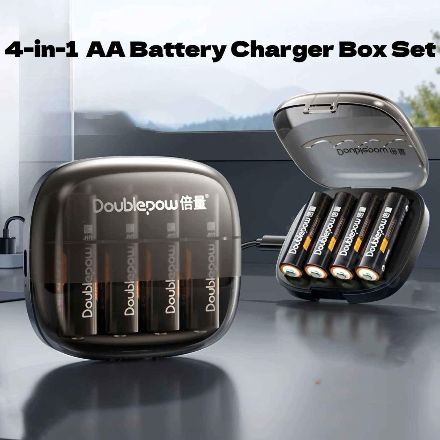 Doublepow Charger Baterai 4 Slot AA Li-Ion Pengisian Cepat, Deteksi Otomatis, Desain Portabel