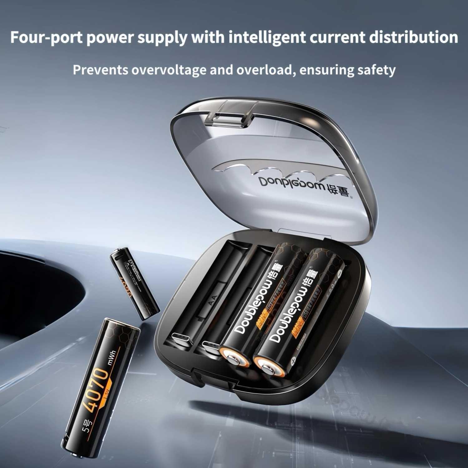 Doublepow Charger Baterai 4 Slot AA Li-Ion Pengisian Cepat, Deteksi Otomatis, Desain Portabel