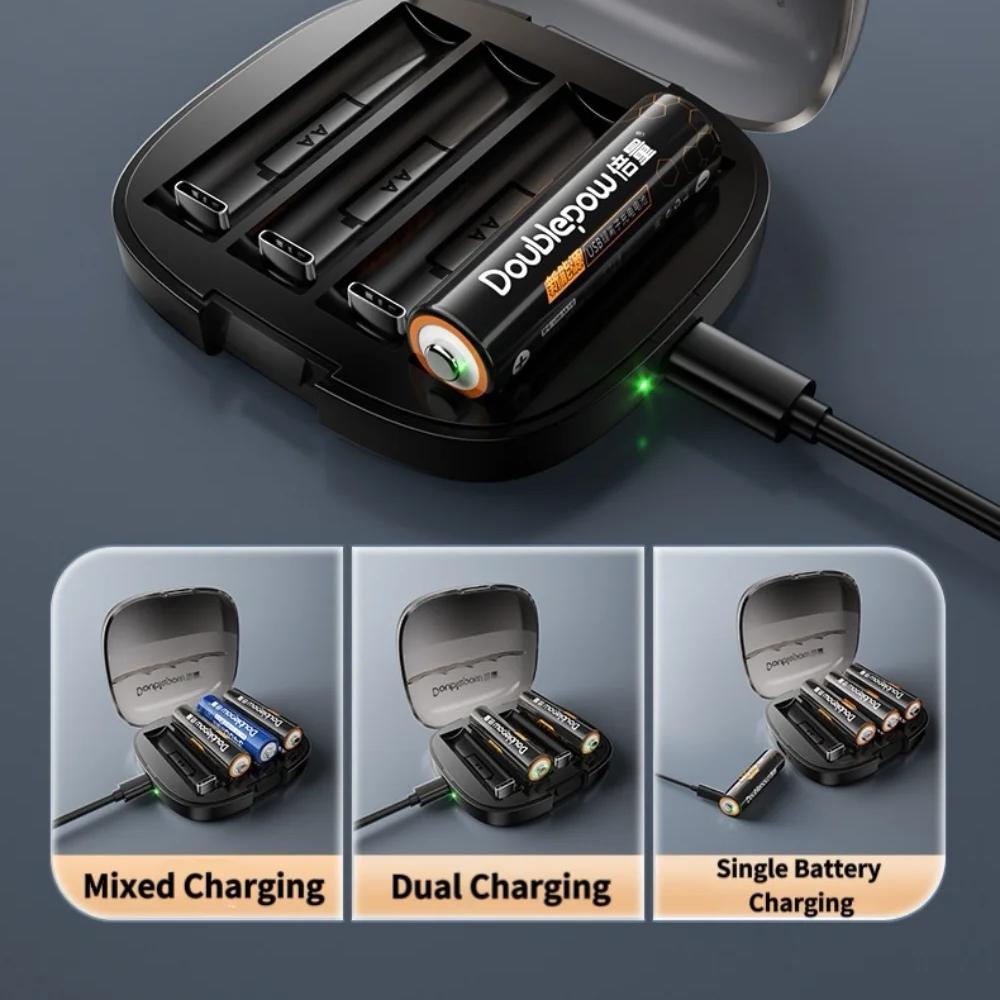 Doublepow Charger Baterai 4 Slot AA Li-Ion Pengisian Cepat, Deteksi Otomatis, Desain Portabel