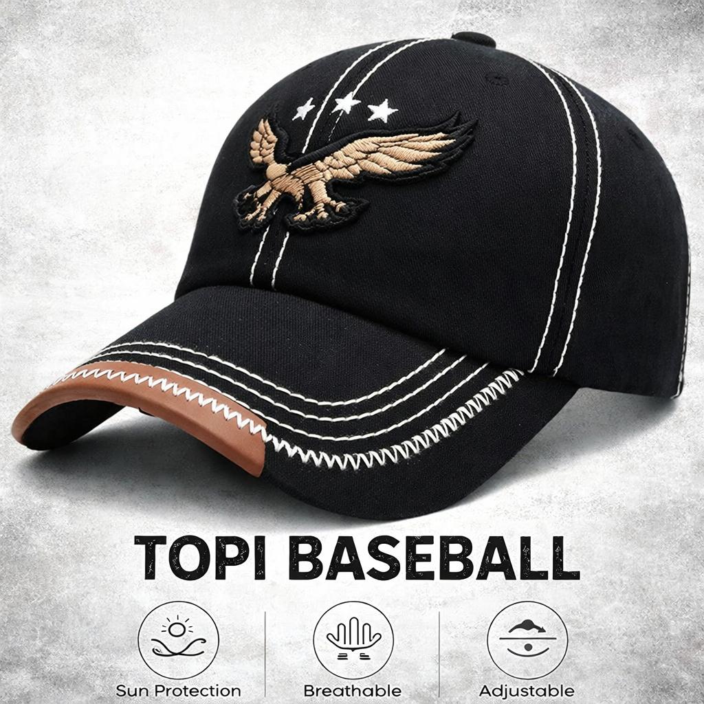 Wokra Topi Baseball Cap Bordir Adjustable Eagle Perlindungan Matahari, Gaya Modern
