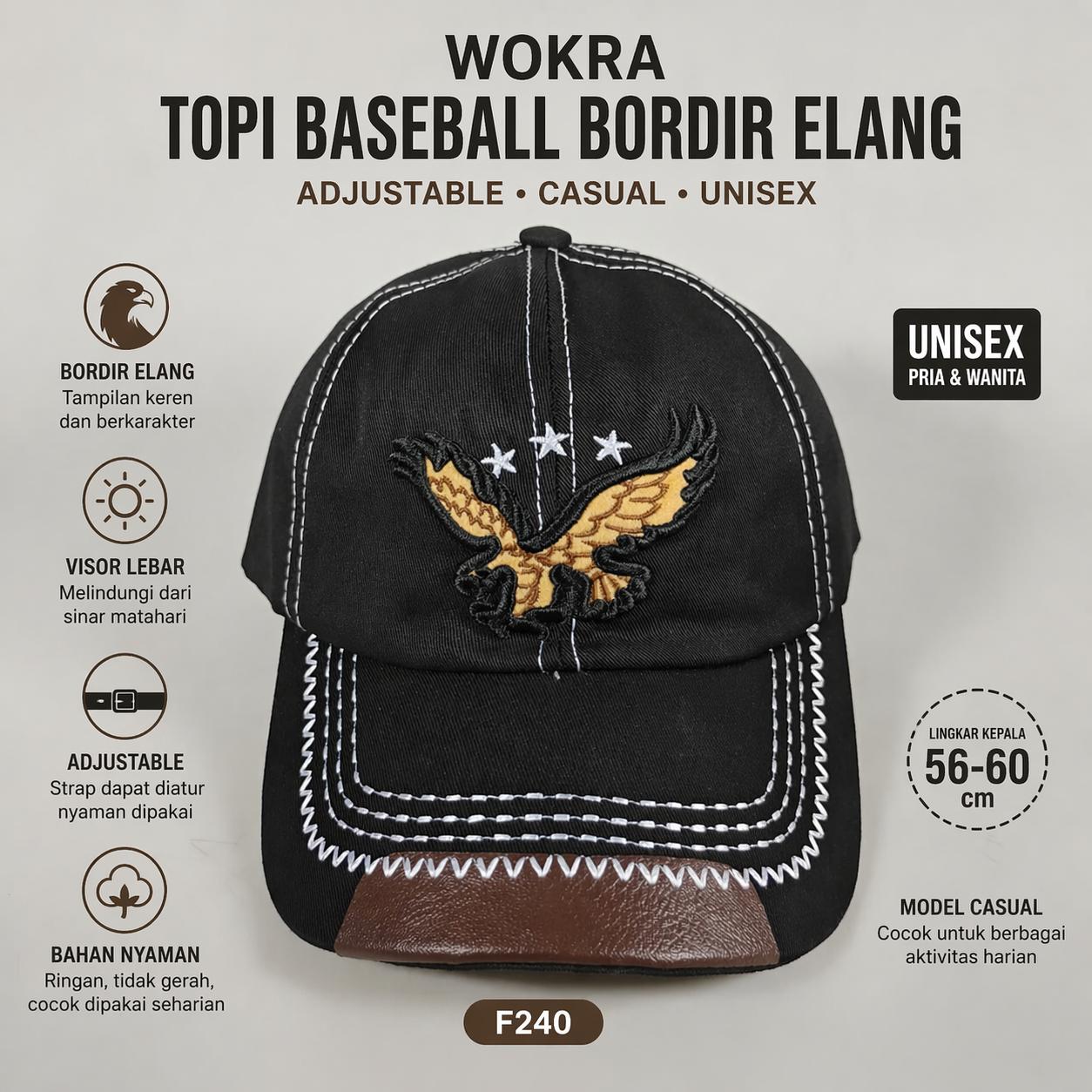 Wokra Topi Baseball Cap Bordir Adjustable Eagle Perlindungan Matahari, Gaya Modern