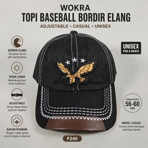 Wokra Topi Baseball Cap Bordir Adjustable Eagle Perlindungan Matahari, Gaya Modern