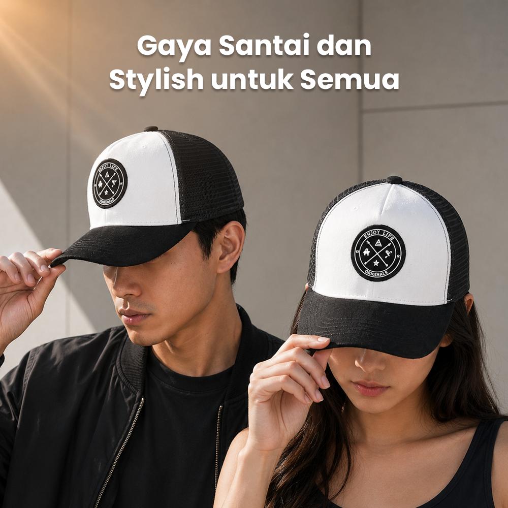 GUDIY Topi Trucker Jaring Mesh Hat Suede Enjoy Life Patch Perlindungan Sempurna dari Sinar Matahari, Gaya Kasual yang Elegan