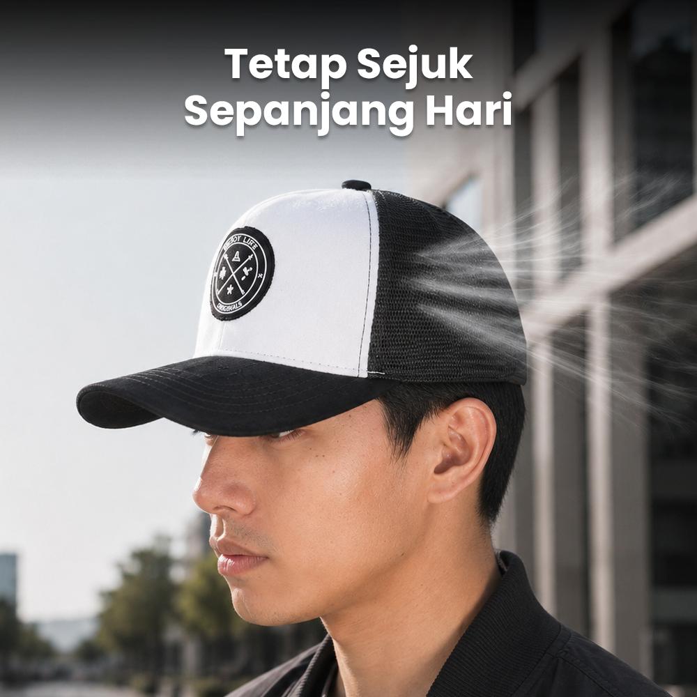 GUDIY Topi Trucker Jaring Mesh Hat Suede Enjoy Life Patch Perlindungan Sempurna dari Sinar Matahari, Gaya Kasual yang Elegan