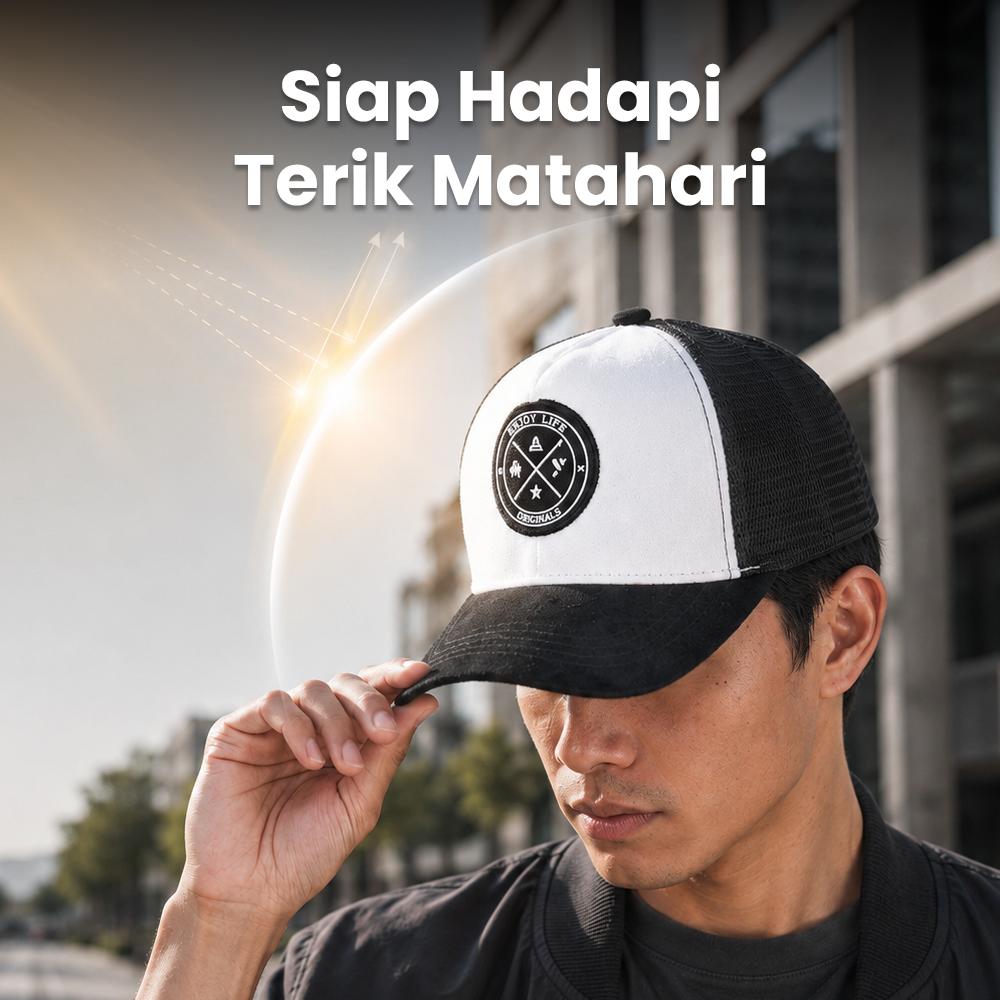 GUDIY Topi Trucker Jaring Mesh Hat Suede Enjoy Life Patch Perlindungan Sempurna dari Sinar Matahari, Gaya Kasual yang Elegan