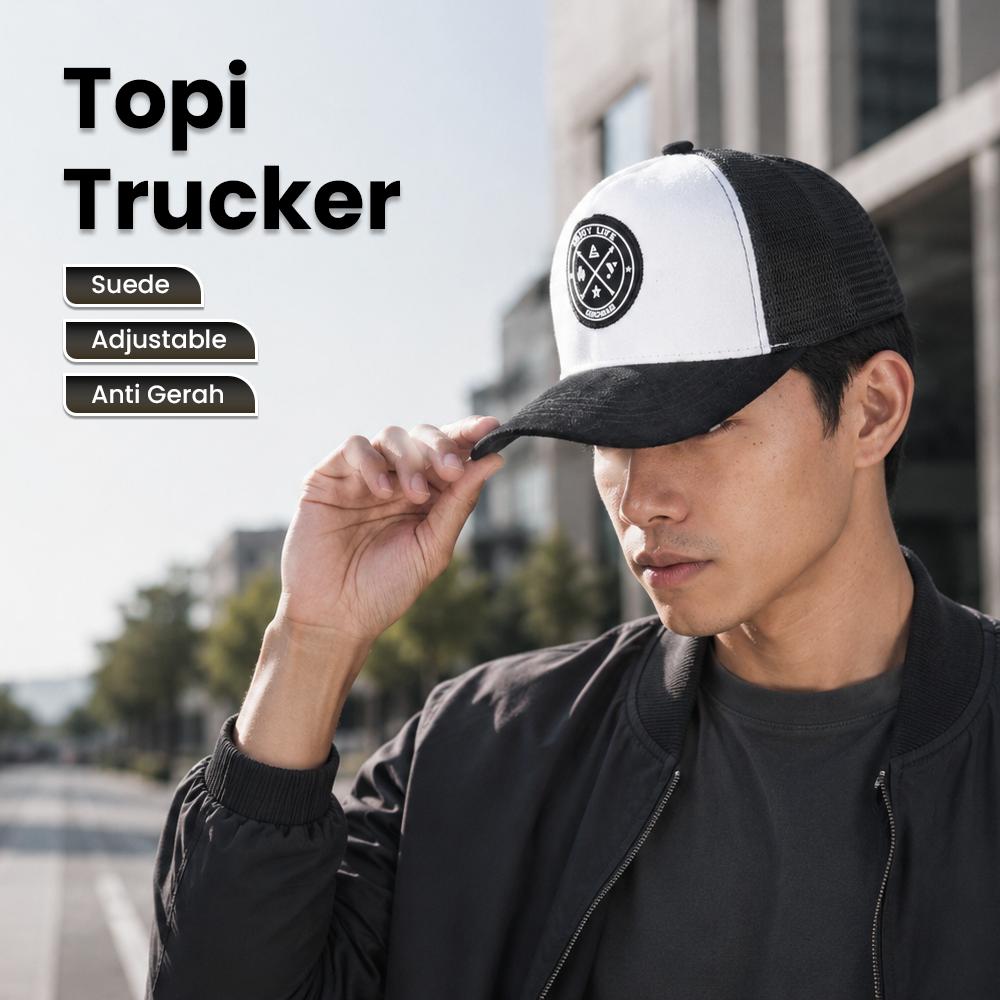 GUDIY Topi Trucker Jaring Mesh Hat Suede Enjoy Life Patch Perlindungan Sempurna dari Sinar Matahari, Gaya Kasual yang Elegan