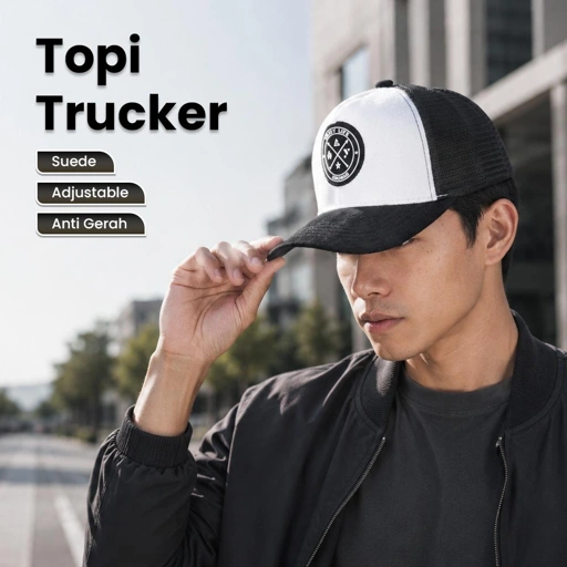GUDIY Topi Trucker Jaring Mesh Hat Suede Enjoy Life Patch Perlindungan Sempurna dari Sinar Matahari, Gaya Kasual yang Elegan
