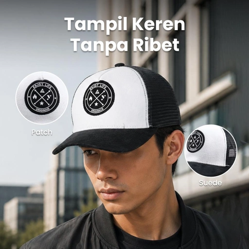 GUDIY Topi Trucker Jaring Mesh Hat Suede Enjoy Life Patch Perlindungan Sempurna dari Sinar Matahari, Gaya Kasual yang Elegan