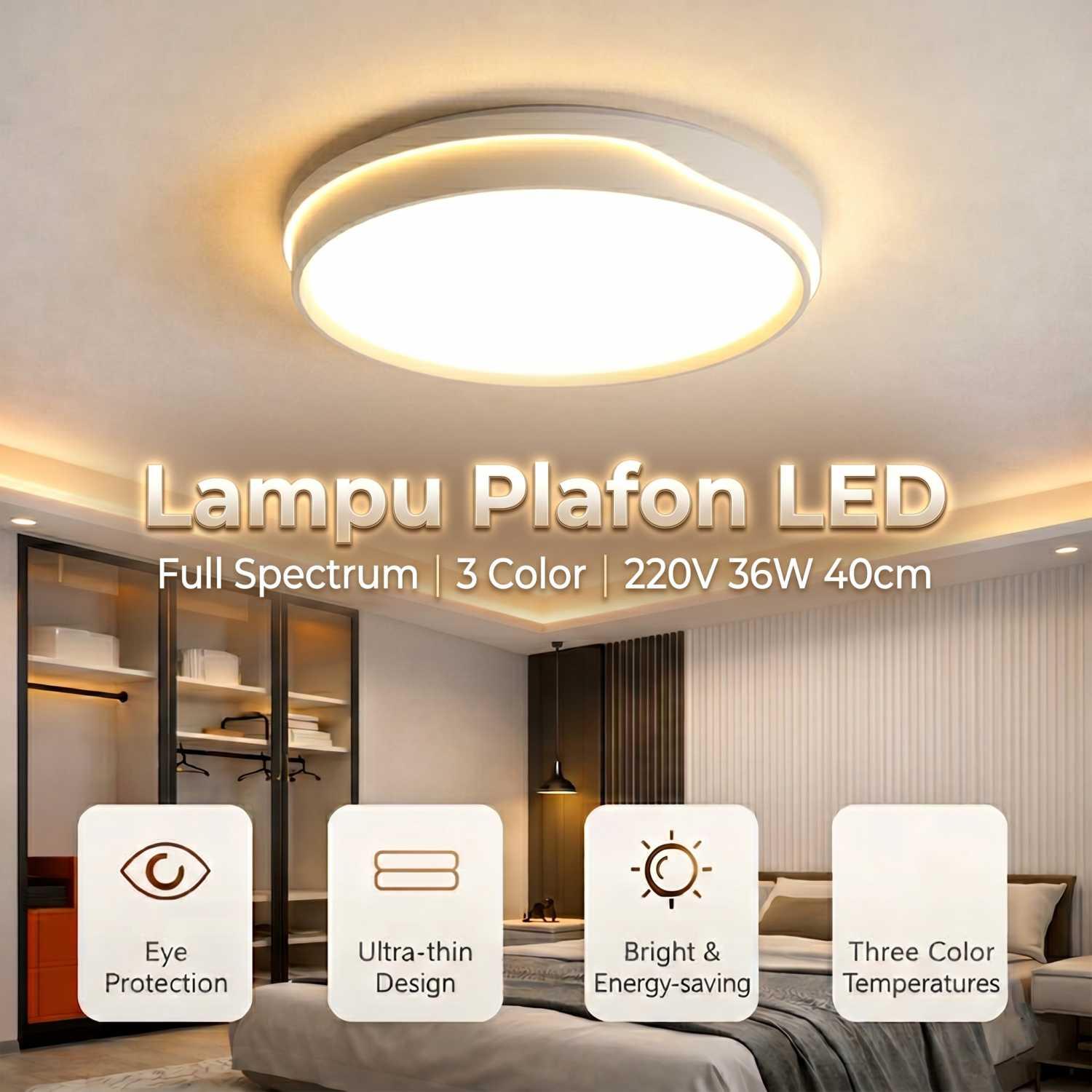 SHUANGZ Lampu Plafon LED Full Spectrum 36W 40cm Cahaya Natural untuk Ruang Modern