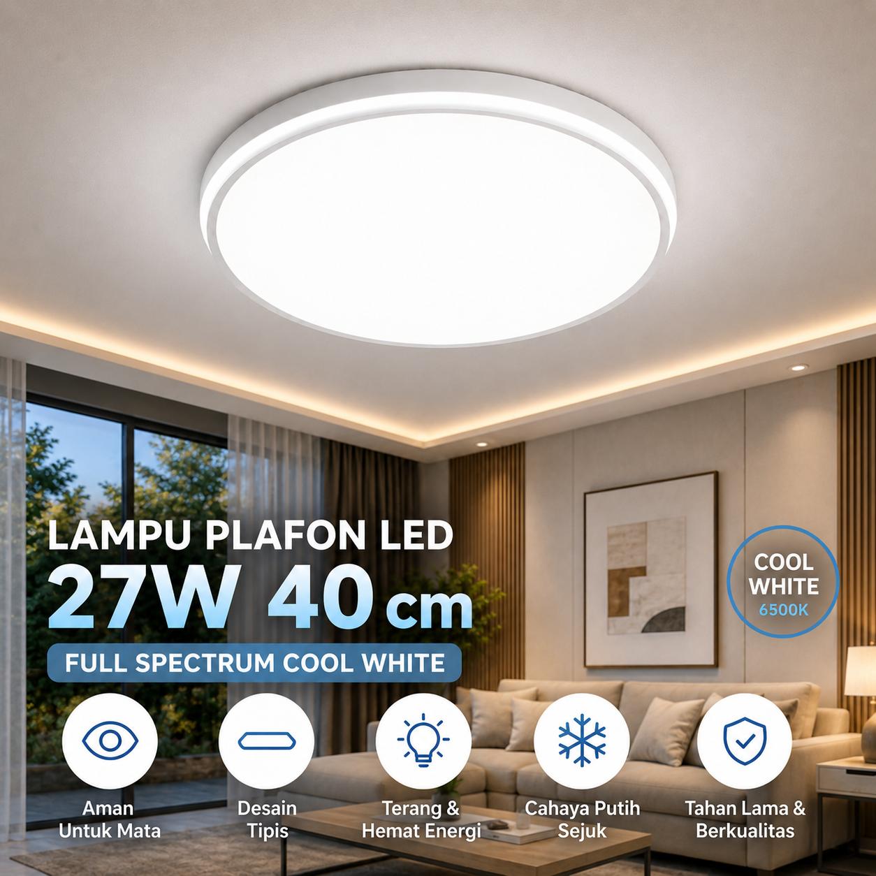SHUANGZ Lampu Plafon LED Full Spectrum 27W Cahaya Natural, Perlindungan Mata, Desain Minimalis