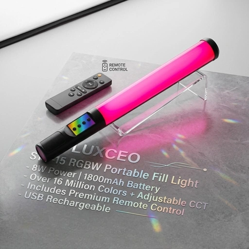 LUXCEO Lampu Fill Light Stick Remote RGBW Portable Cahaya Terang, Warna Fleksibel