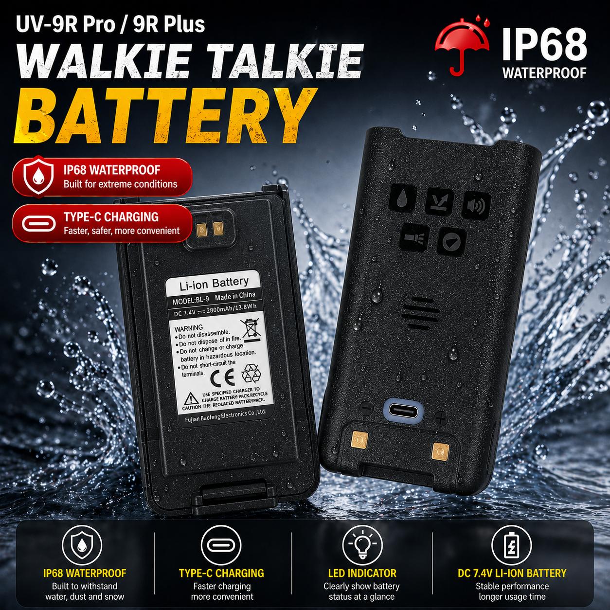 Baofeng Baterai Walkie Talkie for UV-9R Plus UV-9R Pro BL-9, Long-Lasting Power Solution