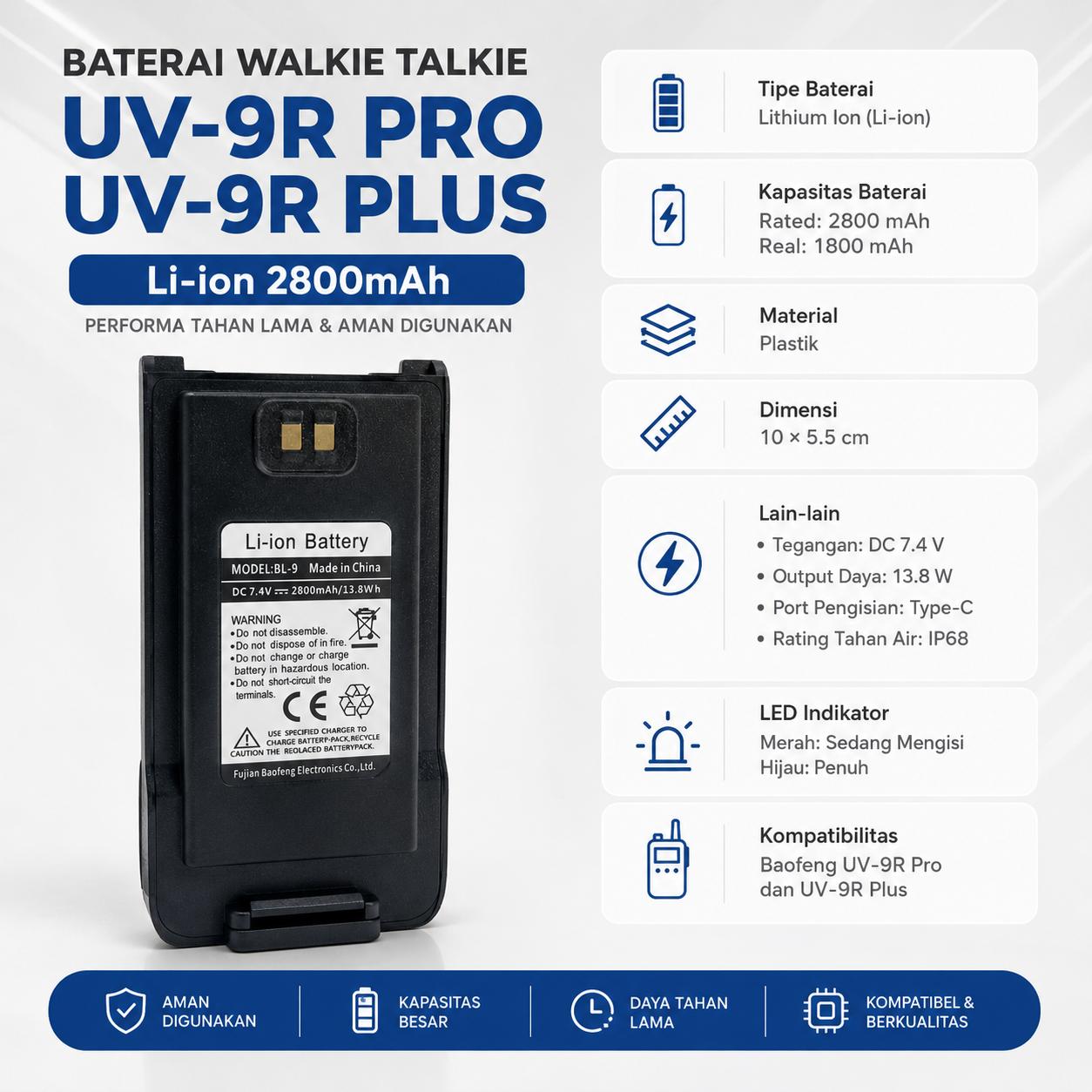 Baofeng Baterai Walkie Talkie for UV-9R Plus UV-9R Pro BL-9, Long-Lasting Power Solution