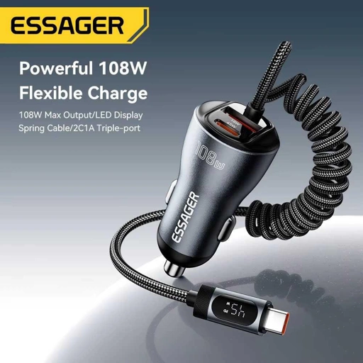 ESSAGER Car Charger Mobil 108W 3in1 Fast Charging Efisiensi Pengisian Maksimal, Desain Premium