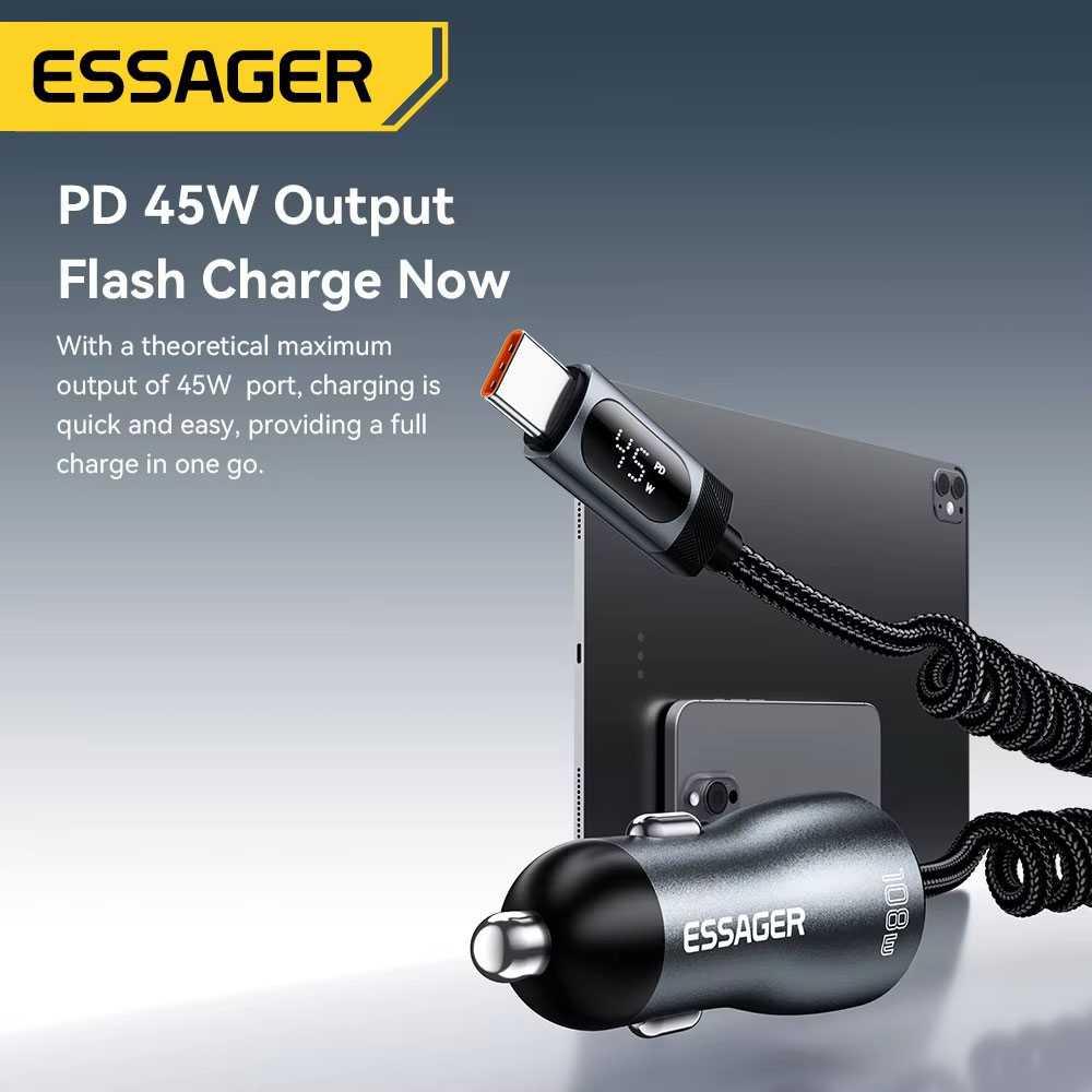 ESSAGER Car Charger Mobil 108W 3in1 Fast Charging Efisiensi Pengisian Maksimal, Desain Premium