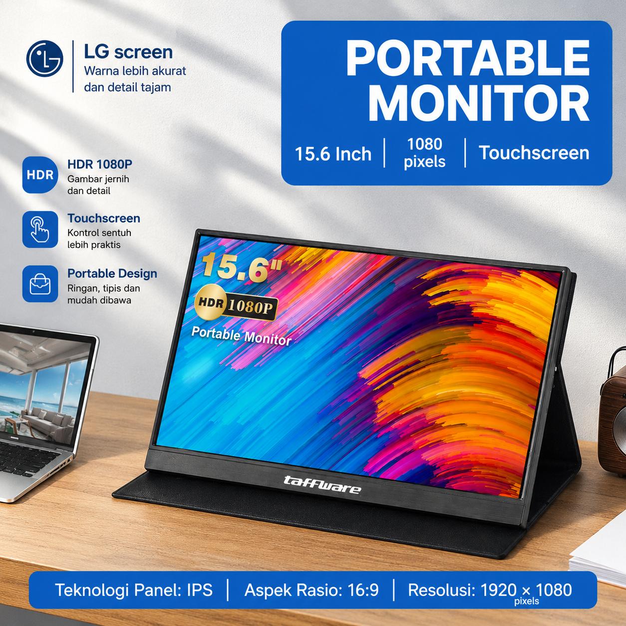 Taffware Portable Monitor Touchscreen 15.6 Inch LG IPS FHD Layar Lebih Besar, Kualitas Gambar Terbaik