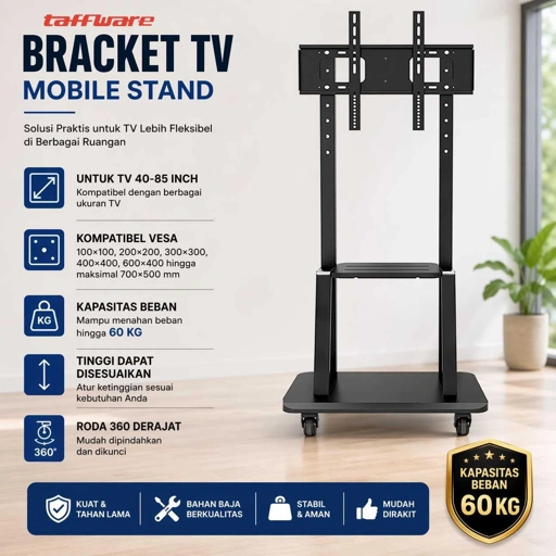 Taffware Bracket TV Floor Stand Wheel VESA 100x100 40-85 Inch Fleksibel Mobilitas & Posisi Optimal, Desain Kokoh