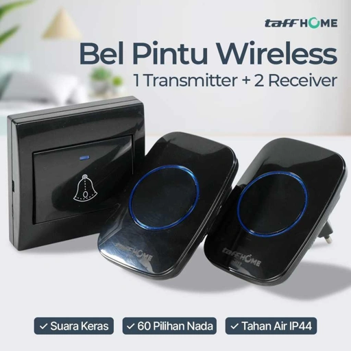 TaffHOME Bel Pintu Wireless 1 Transmitter 2 Receiver Suara Keras, Jarak 300 M, Lampu LED