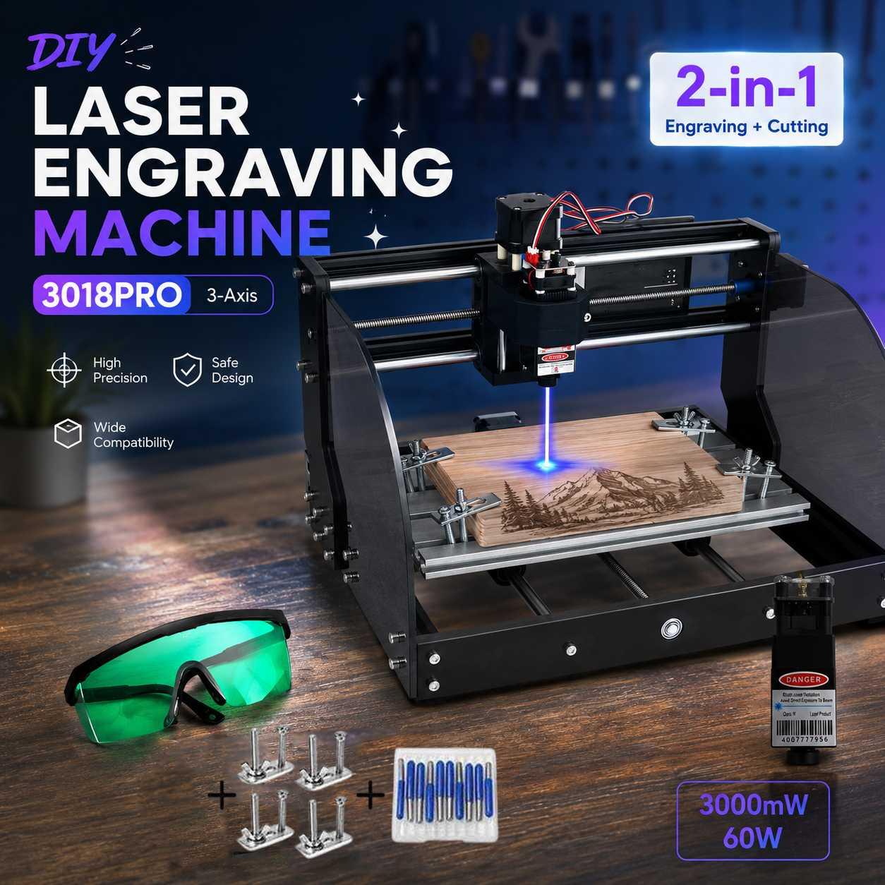Taffware Laser Engraving Machine CNC 3-Axis 3000mW Kreativitas Tanpa Batas, Desain Fleksibel