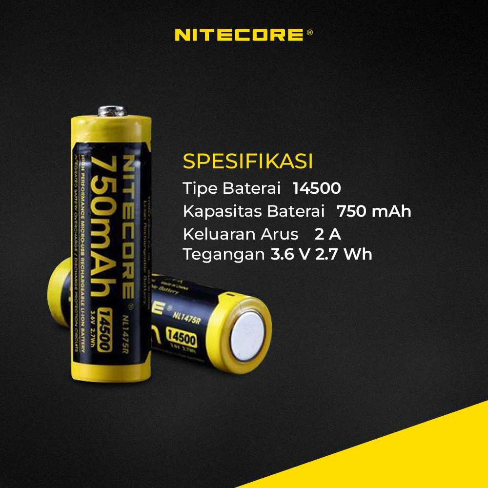 NITECORE Baterai Isi Ulang 14500 Li-ion 750 mAh Dual Charging System, Stabil Daya, Tegangan Konsisten Praktis dan Efisien