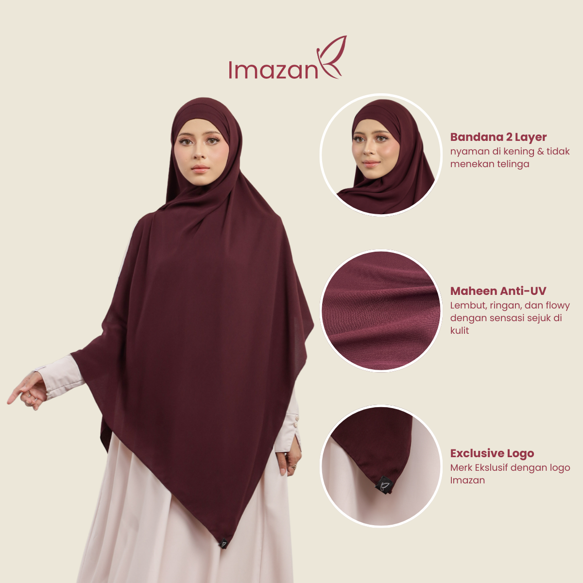 IMAZAN Pashmina Bandana Anti UV Maheen Jumbo Pashban Syari Hijab Instan Adem & Flowy Shaira Series