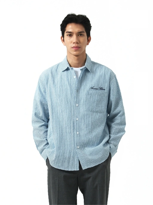 Image of Wilmerstudios Kemeja Seersucker Oversize Lengan Panjang Avenue Stripe